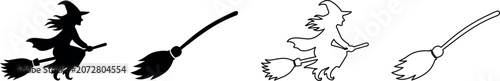 Photos Silhouette and outline of a witch flying on a broomstick for Halloween