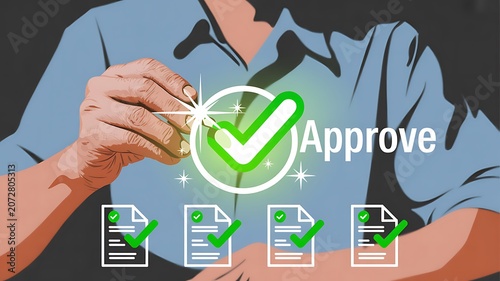 Businessman approves documents, green checkmark, approval concept, office workflow