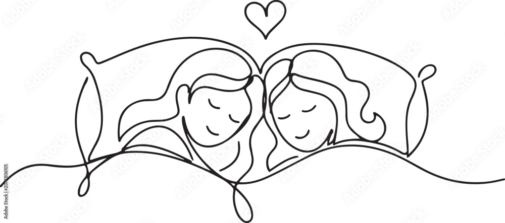 Obraz premium One single continuous solid drawing doodle sketch hand-drawn line art Beautiful couple in sleeping pose on pillows. one line Icon drawing
