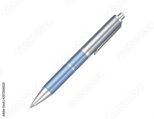 A close-up, digitally rendered ballpoint pen in shades of blue and silver
