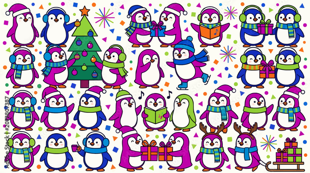 Fototapeta premium Cute Cartoon Penguins Celebrating Christmas with Gifts and a Decorated Tree, Festive Winter Characters in Flat Vector Style with Confetti Background