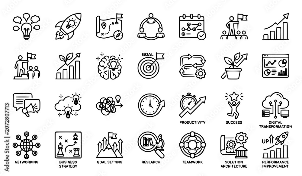 Fototapeta premium Creative Business Solutions and Innovation Management Line Icon Set Editable Stroke Vector