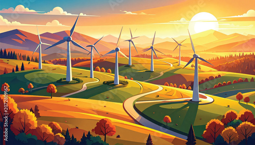 Wind turbines generating renewable energy power.