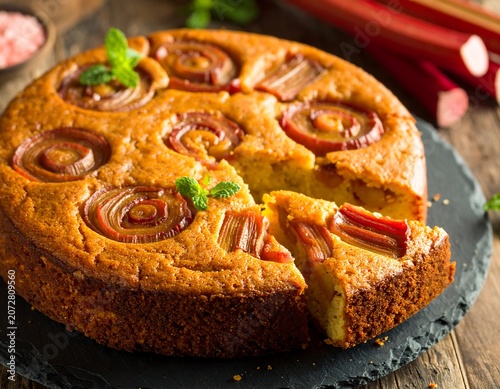 A close up of baked cake with rhubarb and mint on slate