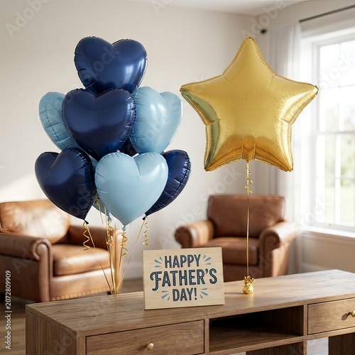 Festive Blue and Gold Heart Star Balloons with Happy Fathers Day Sign in Cozy Living Room