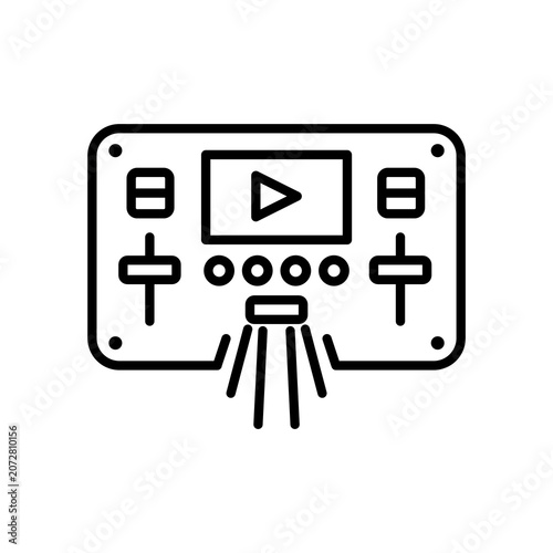 Photos Multimedia control panel line icon with play button and audio faders for broadcasting