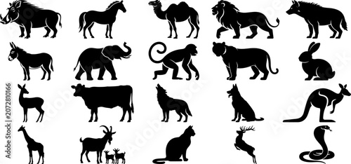 Canvas Print Vector wild and domestic animals silhouette icon set with mammal species isolate
