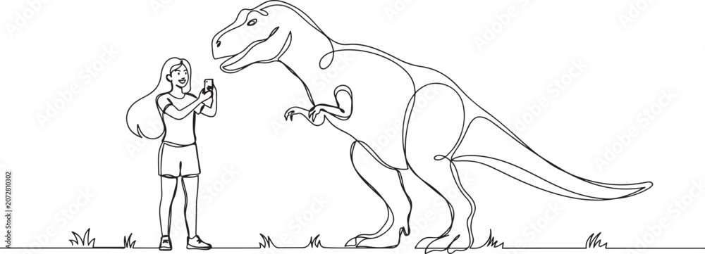 Obraz premium Continuous one line drawing beautiful girl female tourists selfie dinosaur T-Rex phone device. one line Icon drawing