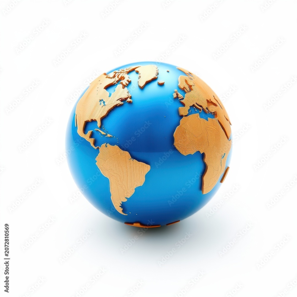 Fototapeta premium Blue globe with wooden continents. Bright studio lighting, clean white background. Represents Earth, geography, world exploration. Simple design.