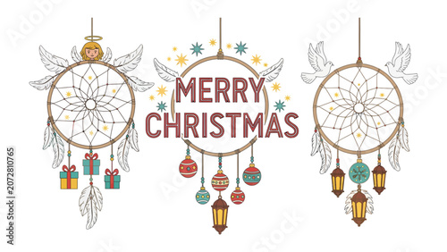 Schilderij op canvas Bohemian Christmas Dreamcatchers: A trio of intricately designed dreamcatchers adorned with festive Christmas ornaments, gift boxes, and lanterns