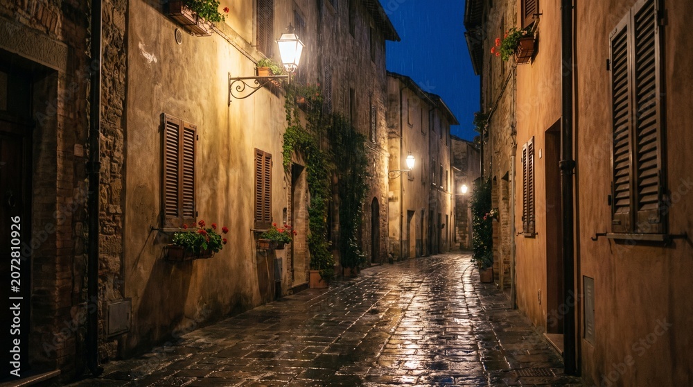 Fototapeta premium Rainy Night European Cobblestone Alley with Glowing Lanterns