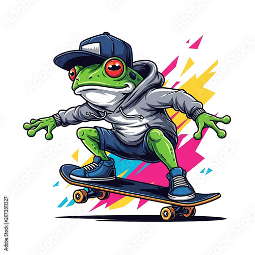 Cool Cartoon Frog Skateboarding in Hoodie and Hat Street Art Illustration