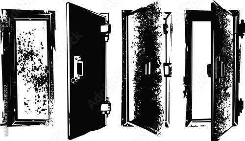 Grunge black silhouette of old metallic door in various open and closed positions