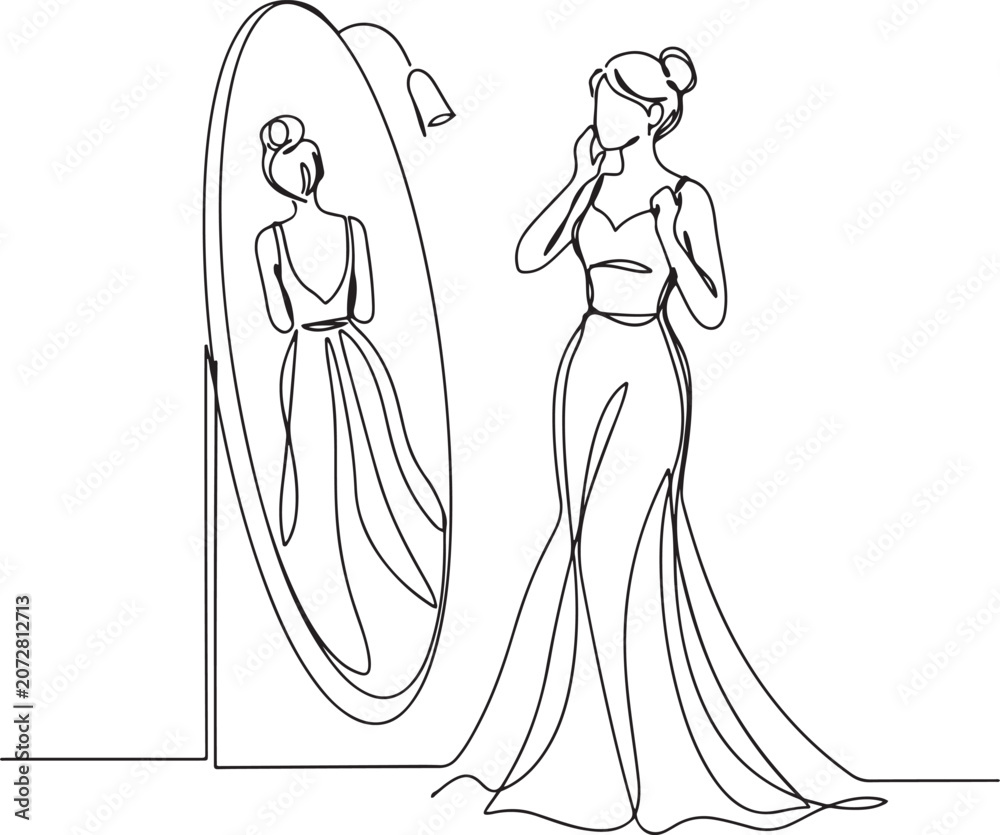 Fototapeta premium Continuous single one drawn line women, women in evening dress costume worn in front of the mirror. one line Icon drawing