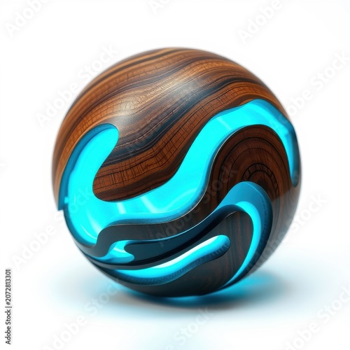 Rounded object, woodgrain texture, bright blue glowing lines create flowing design. Smooth surface, reflective shadow, isolated studio shot.