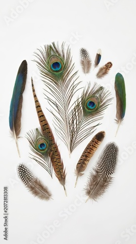 Beautiful Colorful Peacock and Exotic Bird Feathers Arranged on White Background for Nature Art Concept