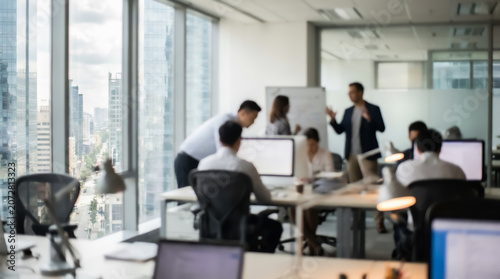 Professional business team collaborating in a modern office with city skyline view