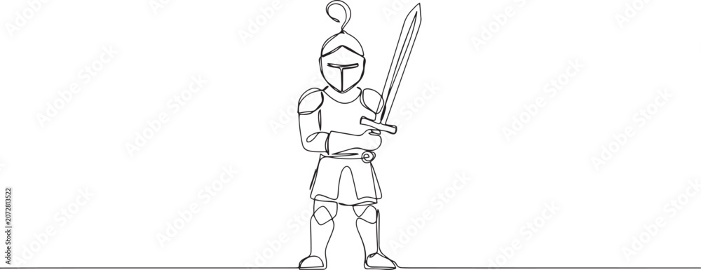 Fototapeta premium One continuous drawing line young man knight with sword in hand. Single hand drawn art line doodle outline. one line Icon drawing