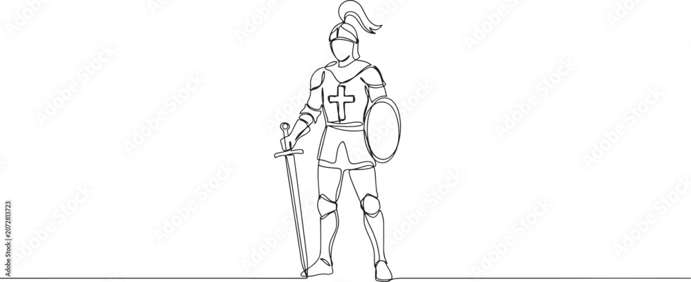Fototapeta premium One continuous drawing line young man knight with sword in hand. Single hand drawn art line doodle outline. one line Icon drawing