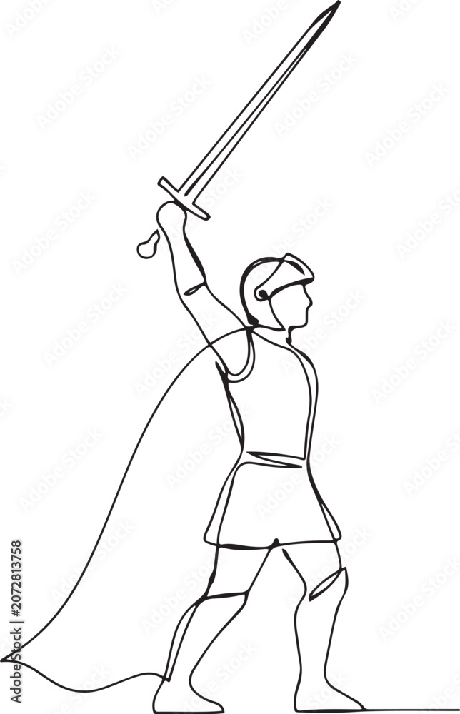 Fototapeta premium One continuous drawing line young man knight with sword in hand. Single hand drawn art line doodle outline. one line Icon drawing