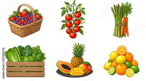 Fresh organic fruits and vegetables collection isolated on black background
