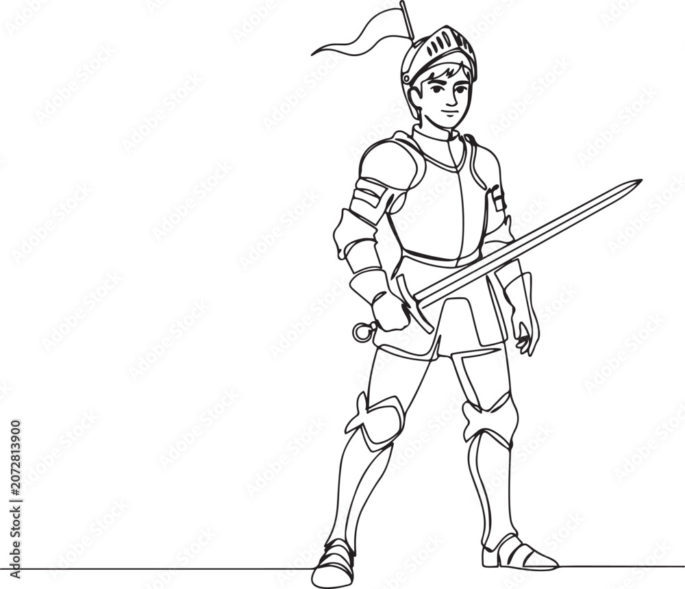 Fototapeta premium One continuous drawing line young man knight with sword in hand. Single hand drawn art line doodle outline. one line Icon drawing