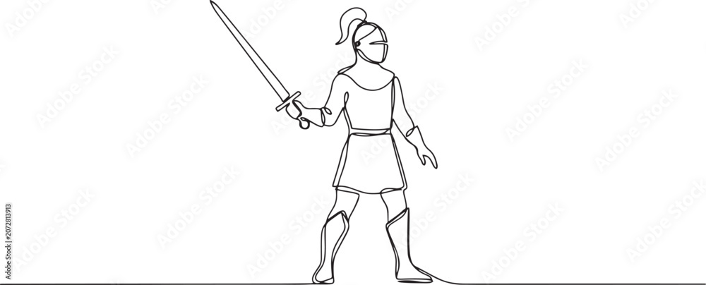 Fototapeta premium One continuous drawing line young man knight with sword in hand. Single hand drawn art line doodle outline. one line Icon drawing