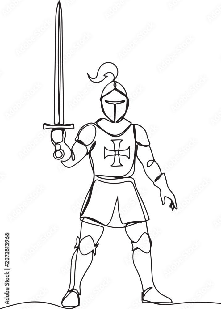 Fototapeta premium One continuous drawing line young man knight with sword in hand. Single hand drawn art line doodle outline. one line Icon drawing