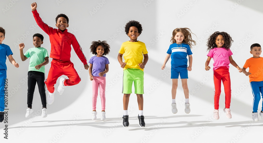 Obraz premium Diverse group of children in vibrant athletic wear jumping joyfully against a clean white background, symbolizing energy, childhood, and movement
