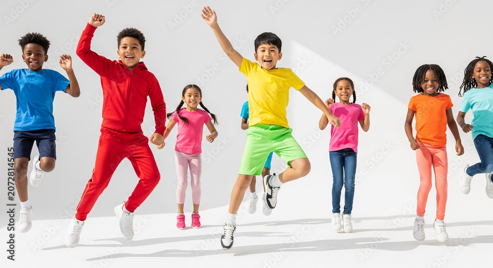 Obraz premium Diverse group of smiling children jumping with joy against a plain white background, symbolizing energy, happiness, and childhood freedom