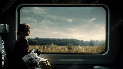 Traveling on a train with a dog while looking out the window at fields and clouds