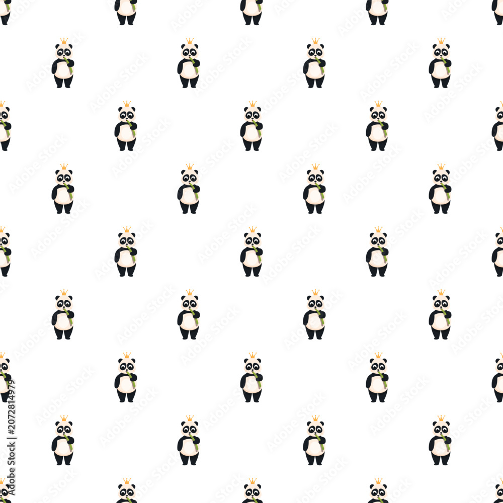 Obraz premium Seamless pattern featuring cute crowned pandas enjoying bamboo shoots on a white background