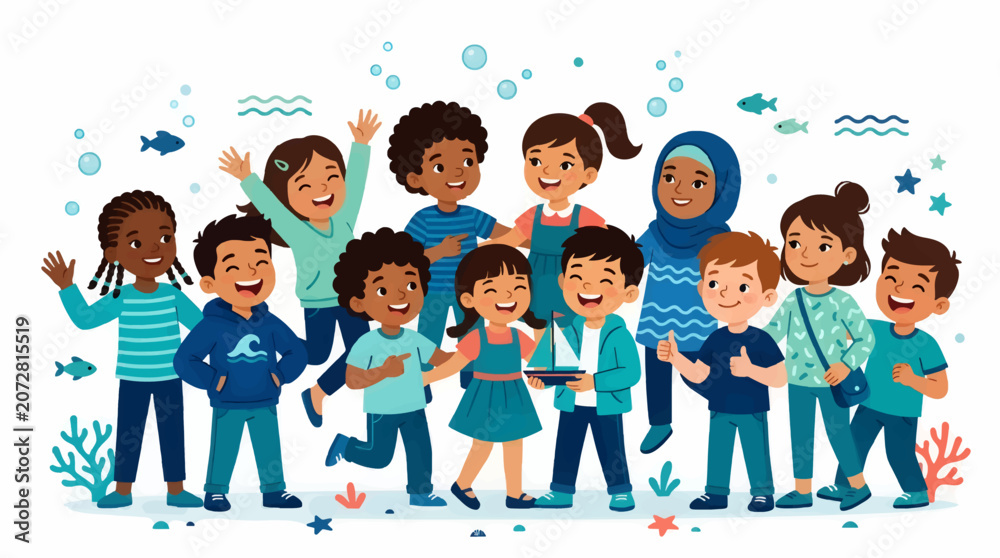 Obraz premium Diverse Cartoon Children Playing Underwater with Fish, Bubbles, and Coral, Flat Vector Illustration