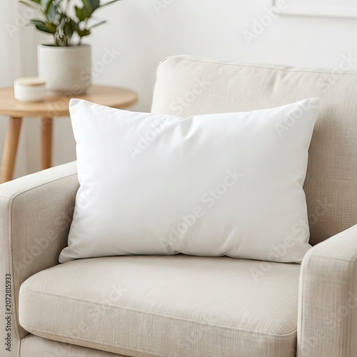 Clean White Cushion Pillow on Comfortable Beige Sofa in Modern Minimalist Living Room Interior