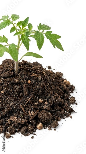 Young Tomato Seedling Growing in Rich Dark Soil Isolated on White Background for Gardening Concept