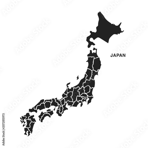 Japan Map Silhouette Dark Filled with Prefecture Borders on White Background