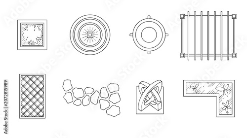 Architectural Garden Accessory Elements CAD Blocks Top View Symbol Collection