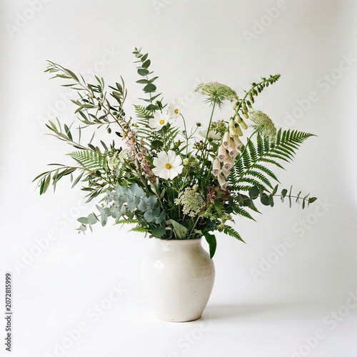 Elegant White Wildflower and Greenery Bouquet in Ceramic Vase for Home Decor and Floral Design