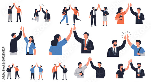 Set of diverse people giving each other a high five to celebrate success and teamwork in casual and business attire.