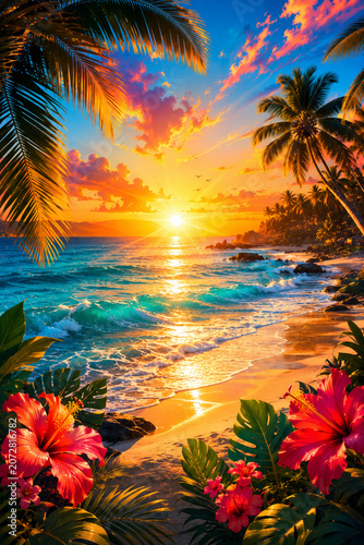 tropical with palm trees and flowers