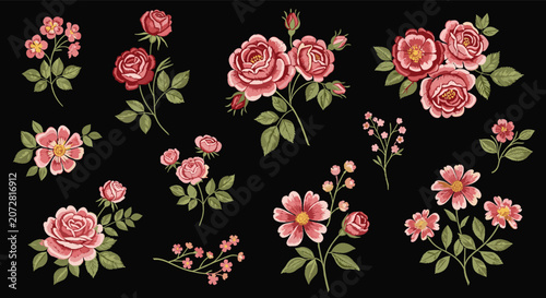 Pixel art collection of red and pink roses with green leaves and small flowers is arranged on a solid black background.