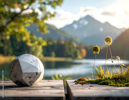 Geometric object on wooden dock lake.