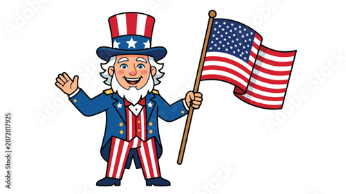 Patriotic Uncle Sam Mascot Holding American Flag Vector