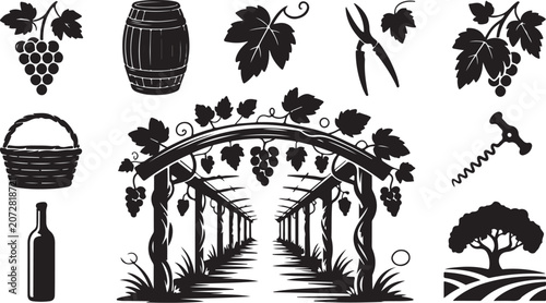 Vineyard Icons, Wine Illustrations, Black Silhouettes, 16 Vector Graphics