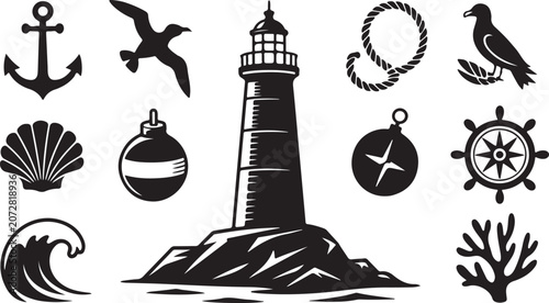 Nautical icons set, lighthouse, anchor, sea symbols, vector graphics