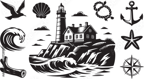 Nautical icons, lighthouse symbols, sea vector graphics, coastal elements