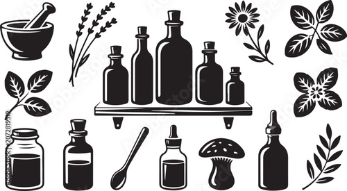 Herbal, apothecary, bottle, icons, set, 16 black, white illustrations