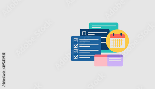 Flat design illustration of a to-do list, calendar, and checkmarks representing planning, organization, and task management.