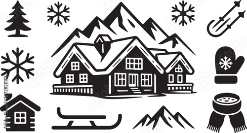 Winter, snow, icons, 20 black and white graphics, vector illustrations, cold weather symbols