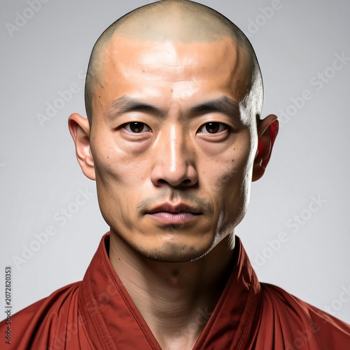 A close-up portrait of a bald, Asian man in a red robe